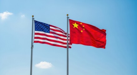 Fototapeta premium United States and China Flags Flying Side-by-Side Under Clouds