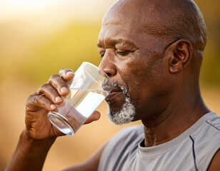 Un hombre anciano bebiendo un vaso de agua fresca para combatir la sed, la ola de calor y cuidar la salud