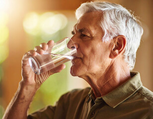 Un hombre anciano bebiendo un vaso de agua fresca para combatir la sed, la ola de calor y cuidar la salud