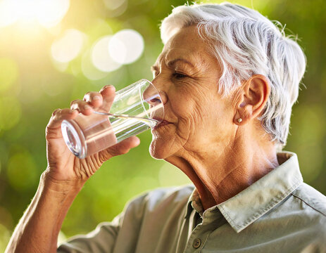 Una mujer anciana bebiendo un vaso de agua fresca para combatir la sed, la ola de calor y cuidar la salud