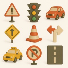 Collection of 3d traffic icons in warm colors.