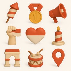 Collection of diverse 3d icons in warm orange and beige tones.