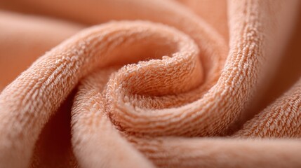 Fototapeta premium Close-up of Peach-colored Soft Plush Towel Fabric with Detailed Texture and Curled Edges.