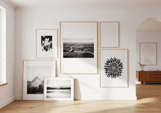 A modern art gallery wall in a home interior, featuring multiple poster frames in various sizes on a white background.