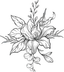Hand drawn black and white floral lineart featuring delicate blossoms and flowing leaves perfect for botanical themes, minimalist designs, or nature inspired compositions
