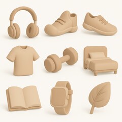 Beige 3d icons of everyday objects.