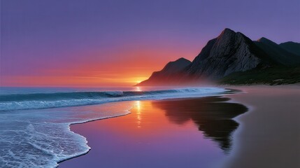 Fototapeta premium Vibrant Sunset Over Beach With Reflections on Ocean Shoreline