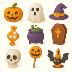 Collection of halloween themed cartoon icons.