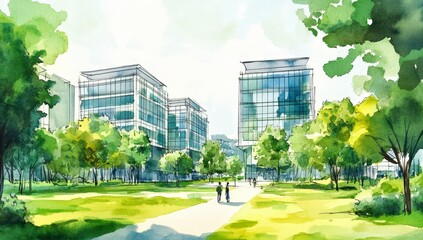 Watercolor illustration of modern office buildings with lush greenery and walking path, ideal for corporate presentations or eco-friendly business concepts