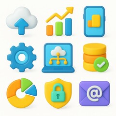 Collection of colorful, 3d graphic icons for digital tools.