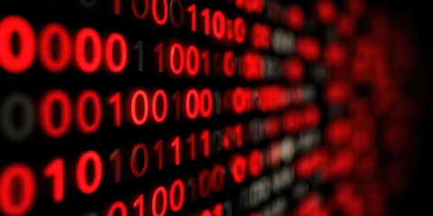 Digital binary code display with glowing red numbers on dark background.