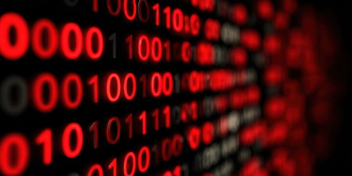Digital binary code display with glowing red numbers on dark background. - Powered by Adobe