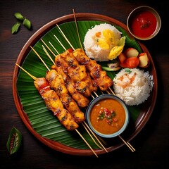 sate ayam, chicken satay, peanut sauce, lontong, Indonesian food, traditional dish, banana leaf, street food, flat lay, local cuisine.