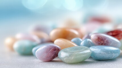 Close-up of colorful polished semi-precious gemstones with smooth glossy surface on soft background.