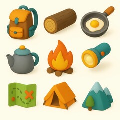 Cartoon camping icons set.