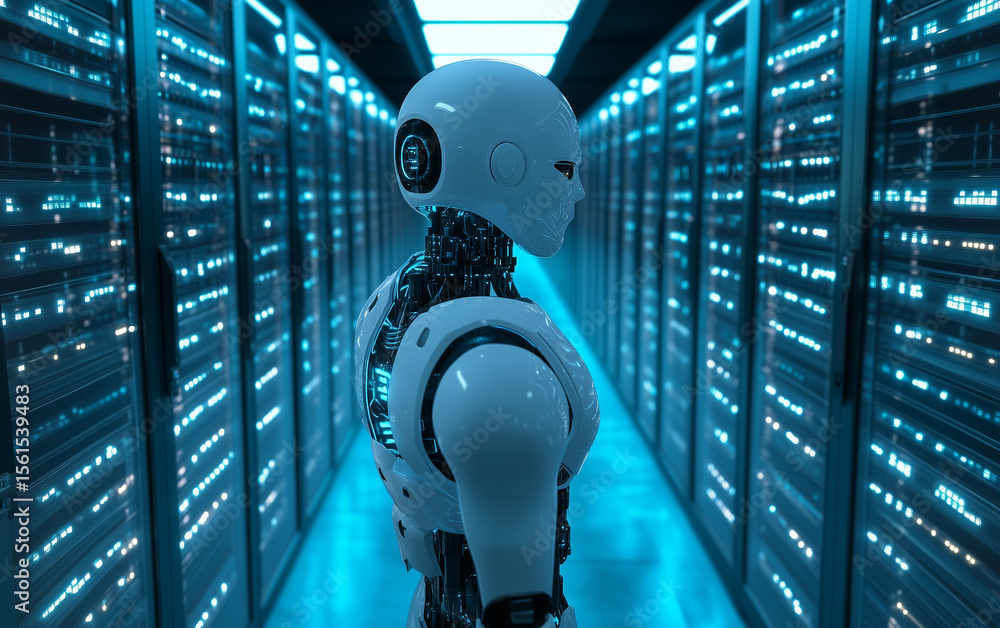 Aufkleber robot in a server room standing near rows of data storage with blue lights