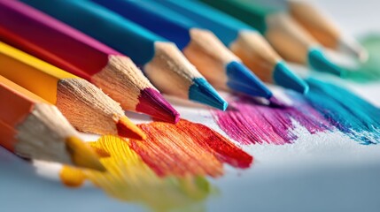 Fototapeta premium Close-up of colorful art pencils arranged diagonal with traces of pigment on paper background.