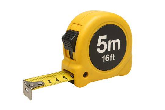 Yellow measuring tape 5m 16ft isolated on transparent background