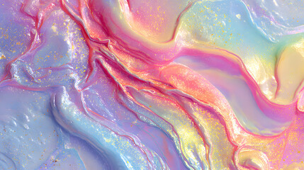 Obraz premium Fluid marble texture in holographic rainbow colors with smooth pearlescent gradients and shimmering metallic flecks creating a dreamy abstract design