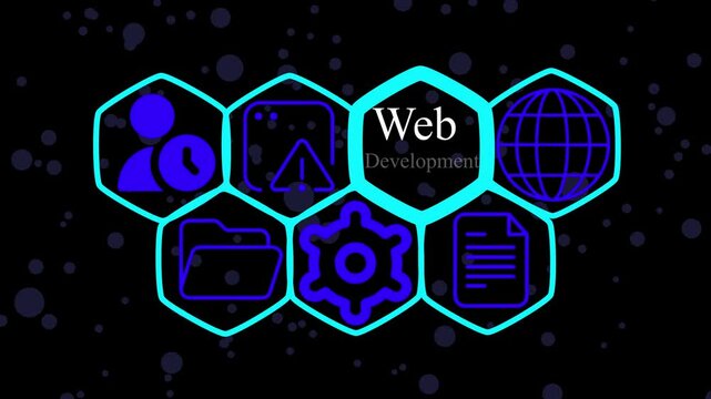 Web development associated ,associated concepts illustrated in a modern hexagon design
