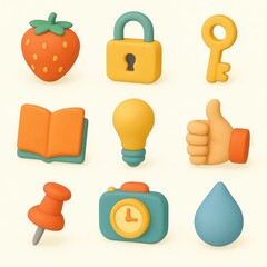 Colorful 3d icons set on a pale background.