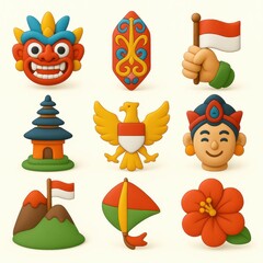 Colorful, stylized icons representing Indonesian culture.