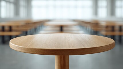 Long wooden table in modern bright conference room with large windows and natural light.