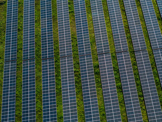 Aerial view of solar panel array at a green power station