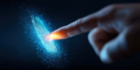 Close-up of a human finger touching a glowing digital interface with particles and light.