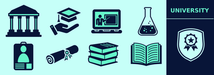 University icon set with columns, badge, diplima scroll, hand holding cap, textbooks, notebook, laptop,  online course, research lab flask, emblem and ribbon. Editable icon elements, size and color.