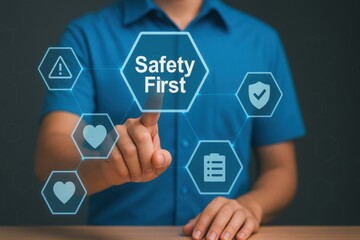Person interacting with a digital interface displaying the phrase "Safety First".