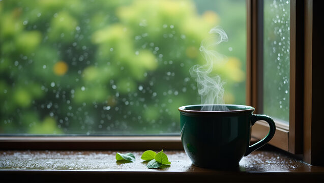 A steaming green mug sits on a window sill with water droplets, looking out onto a blurred green background, possibly a rainy outdoor scene.