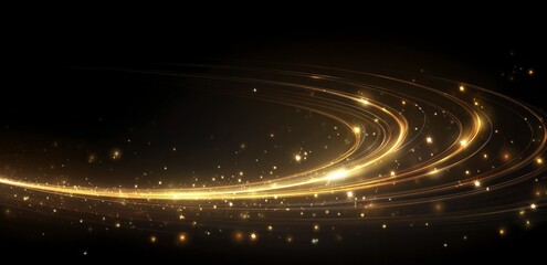 Obraz premium Vector background with golden, glowing light swirls and stars on a black, luxury, elegant abstract design element for a poster or banner. Vector illustration. High-resolution, professional photograph,
