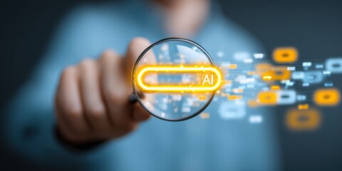 Businessman in suit pointing at digital AI technology interface with futuristic hologram.