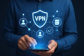 A person holding a smartphone displaying a virtual network security interface.