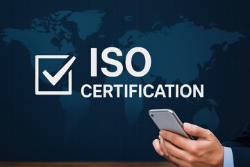 Iso certification displayed on a background of a world map.