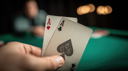 Close Up of Hand Holding Two Ace Playing Cards Over Green Felt Poker Table Scene.