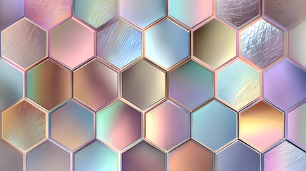 Hexagonal honeycomb pattern with iridescent foil fill featuring repeating vector cells each showcasing a unique pastel rainbow shimmer effect