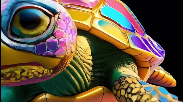 Colorful Turtle Sculpture Close-up with Yellow Eye and Shell