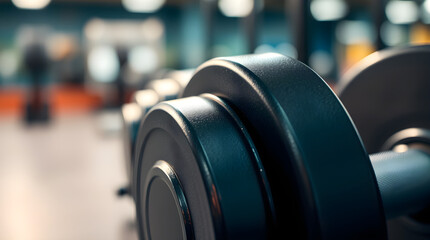 Fototapeta premium Close-up of dumbbells in a fitness center setting emphasizing healthy lifestyle