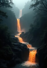 Majestic waterfall cascading down a dark canyon.