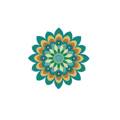 Geometric mandala with teal gold and blue petal shapes