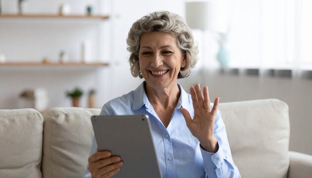 A cheerful, 60s mature woman, in her middle age, is waving at her hand while holding a digital tablet, participating in a video conference call through social distance, engaging in a virtual online.