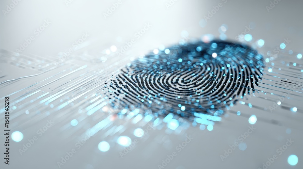 Aufkleber close-up of a digitally enhanced fingerprint with glowing blue light and data lines.