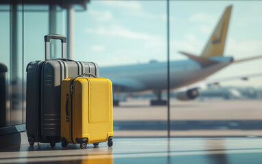 Luggage at airport terminal with airplane in background waiting for flight