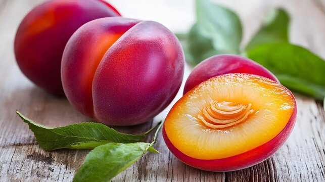Juicy Red Plums on Rustic Wooden Table