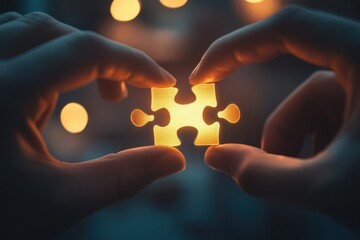 Two hands fitting final jigsaw piece in glowing puzzle, partnership concept