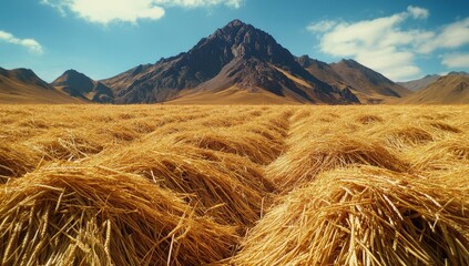 Golden Hay Bales Field Mountain Landscape