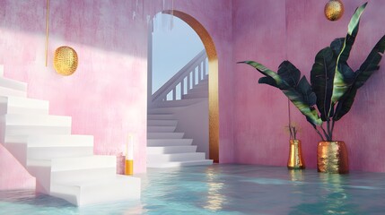 Surreal Pink Room White Stairs Water Gold Decor