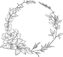 Elegant black and white floral wreath of finely detailed blossoms and leaves arranged in a soft circular flow botanical grace meets natural harmony in this intricate lineart illustration © papatong